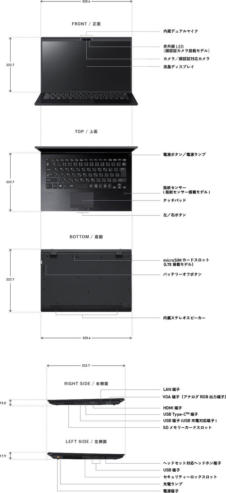 VAIO Pro PK 14.0型ワイドの名称・サイズの説明図