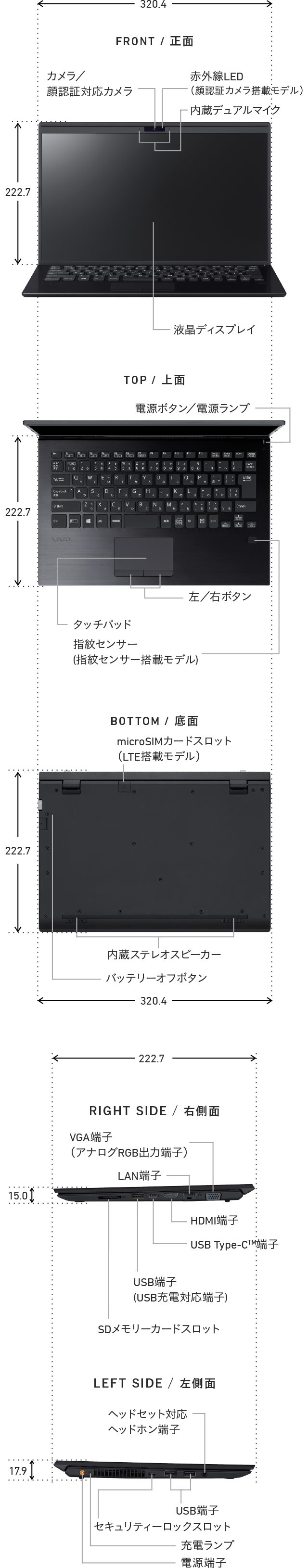 VAIO Pro PK 14.0型ワイドの名称・サイズの説明図